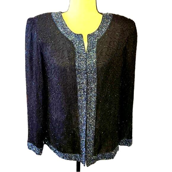 Laurence Kazar New York Jackets & Blazers - Vintage Laurence Kazar Full Beaded Silk Black Cocktail Evening Jacket Size Small